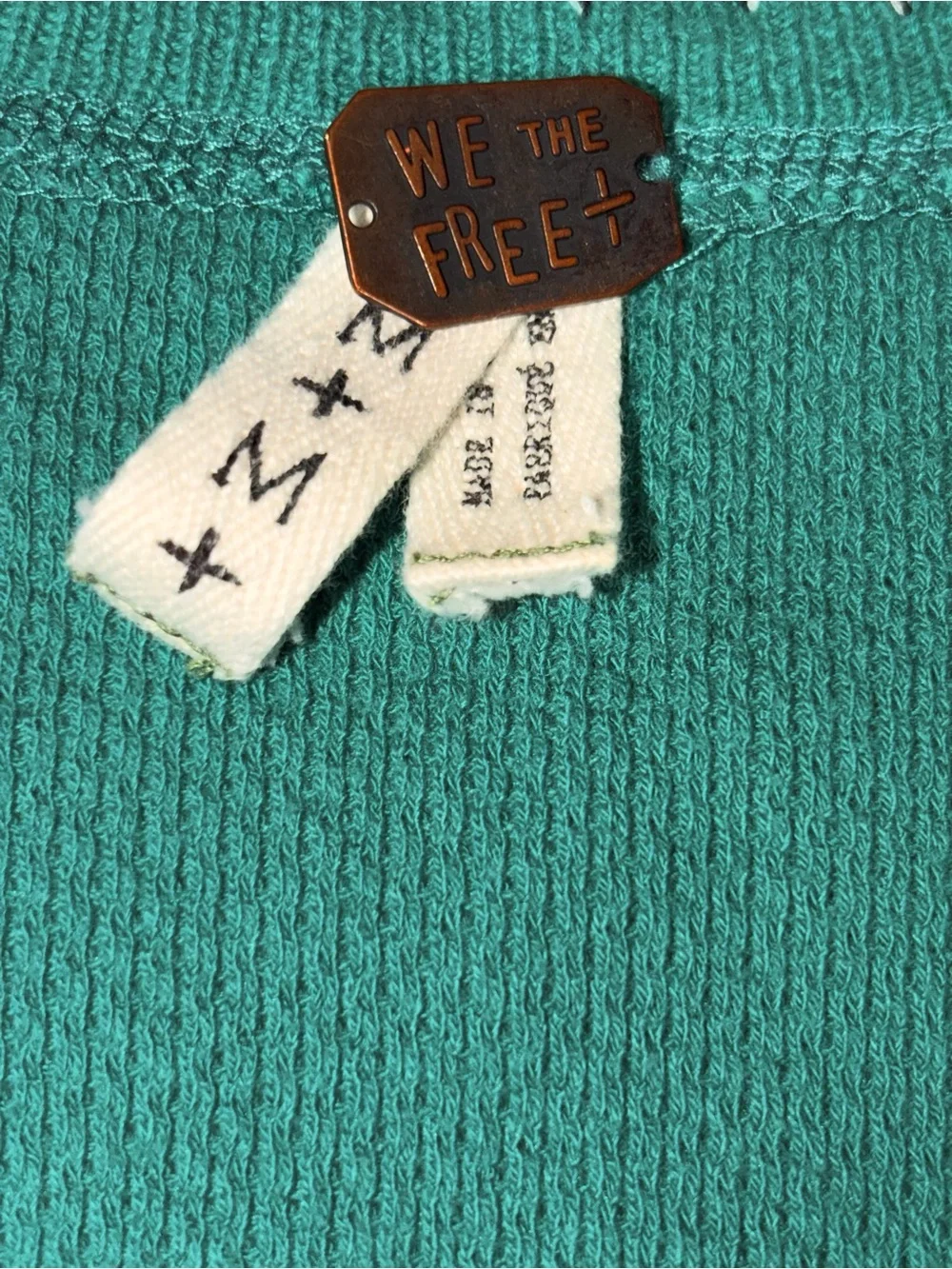 Free People Henley Waffle Thermal embroidery long sleeve top Emerald Green